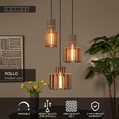 Lucide ROLLO - Pendant light - 3xE27 - Taupe